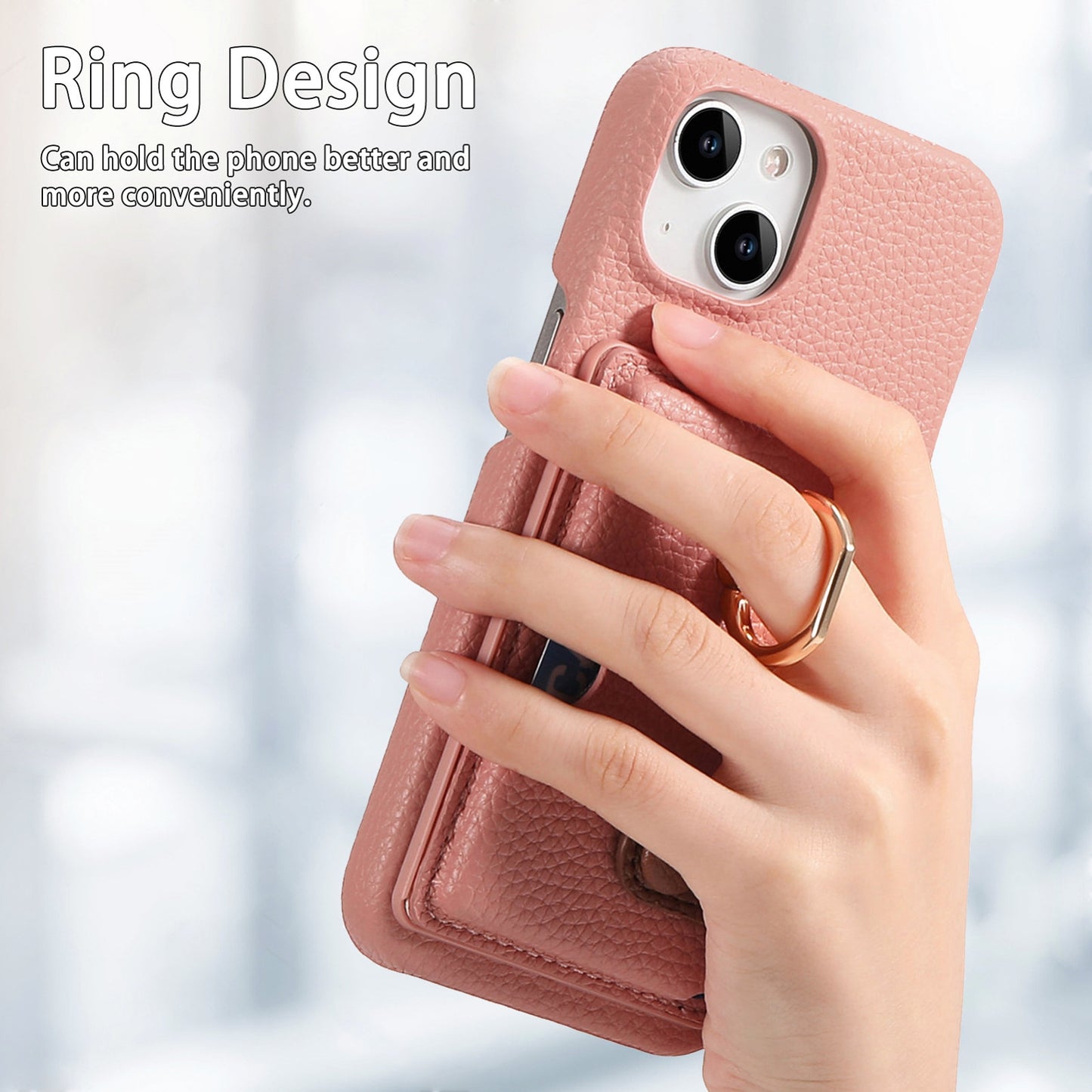 ELECTROPRIME For iPhone 15 Litchi Leather Oil Edge Ring Card Back Phone Case(Pink)