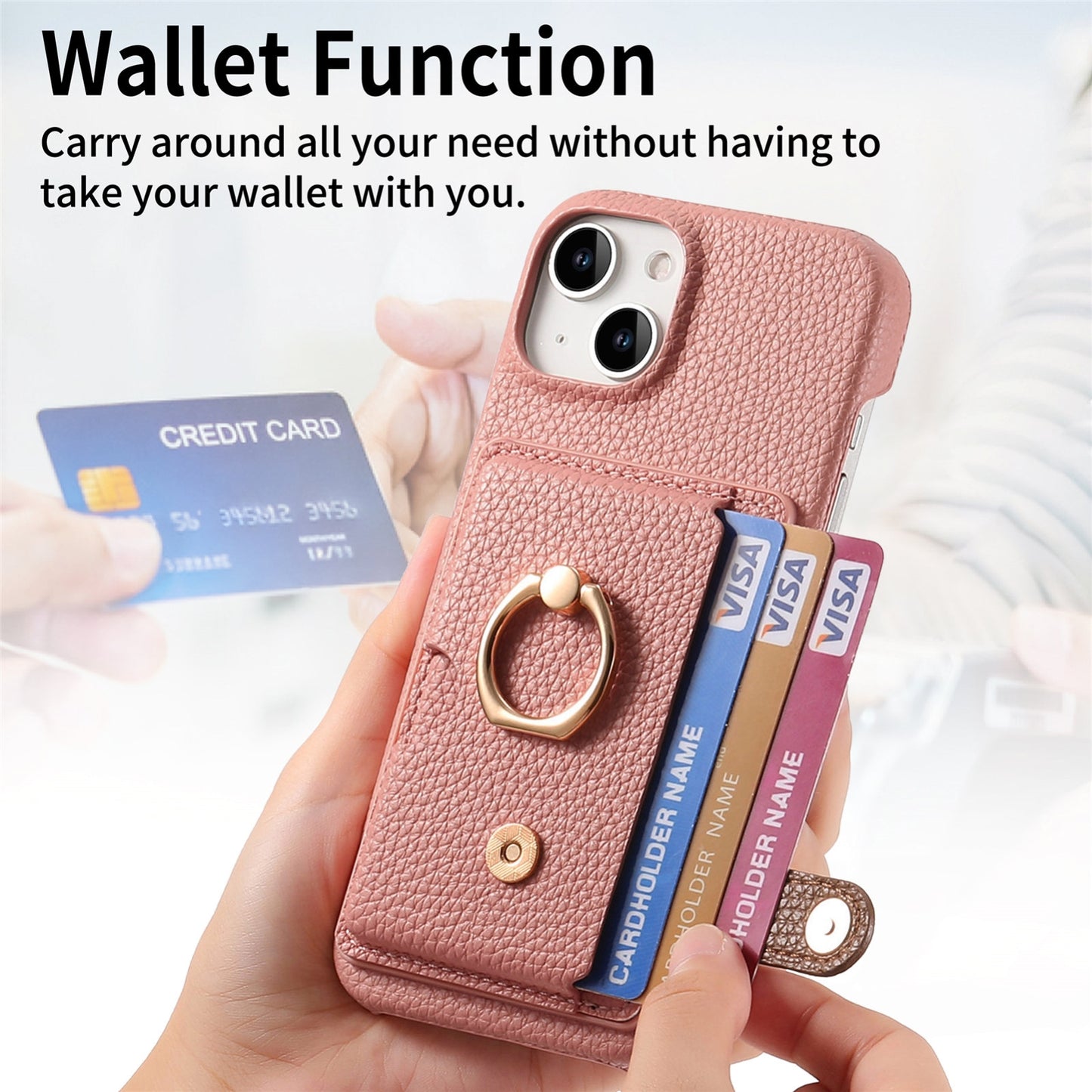 ELECTROPRIME For iPhone 15 Litchi Leather Oil Edge Ring Card Back Phone Case(Pink)