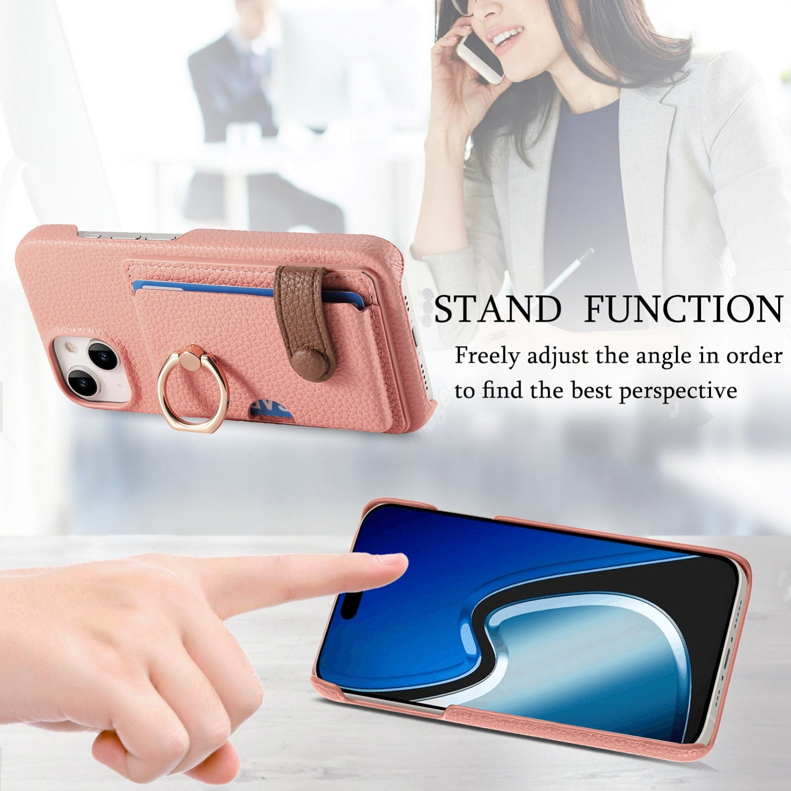ELECTROPRIME For iPhone 15 Litchi Leather Oil Edge Ring Card Back Phone Case(Pink)