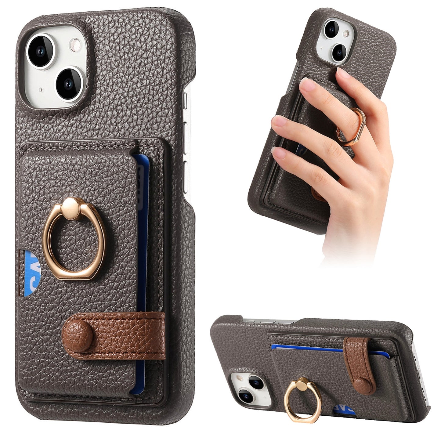 ELECTROPRIME For iPhone 15 Litchi Leather Oil Edge Ring Card Back Phone Case(Grey)