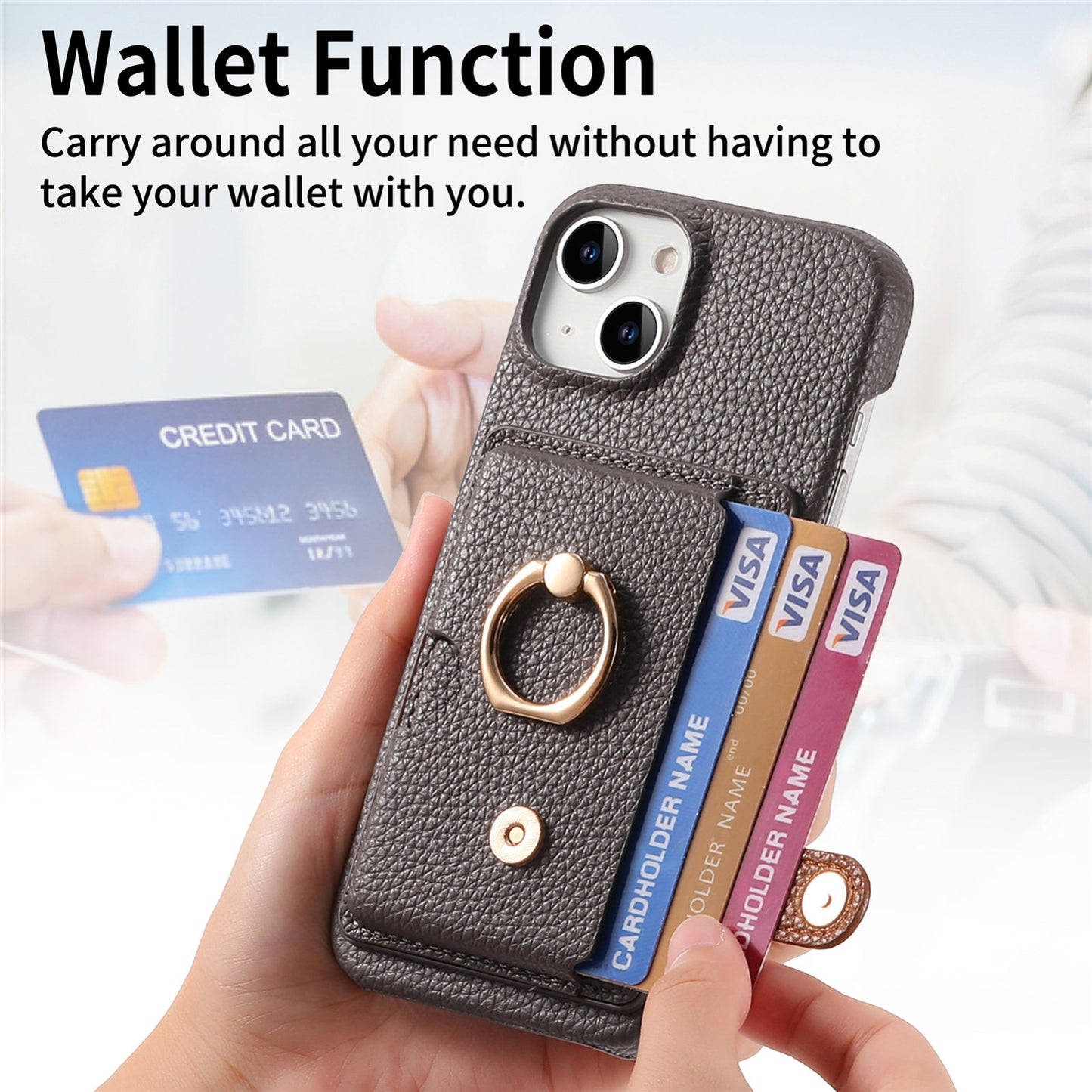 ELECTROPRIME For iPhone 15 Litchi Leather Oil Edge Ring Card Back Phone Case(Grey)