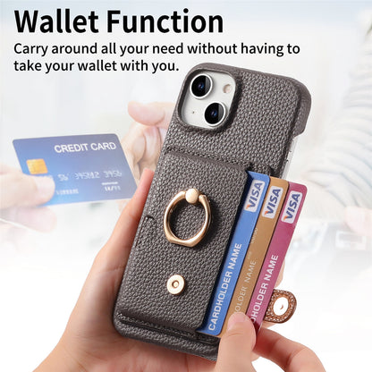 ELECTROPRIME For iPhone 15 Litchi Leather Oil Edge Ring Card Back Phone Case(Grey)