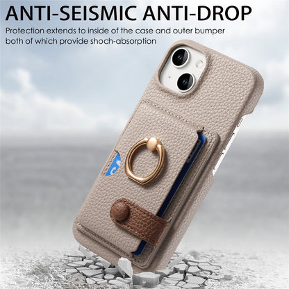 ELECTROPRIME For iPhone 15 Litchi Leather Oil Edge Ring Card Back Phone Case(Khaki)