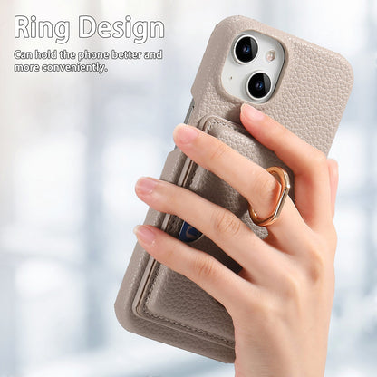 ELECTROPRIME For iPhone 15 Litchi Leather Oil Edge Ring Card Back Phone Case(Khaki)