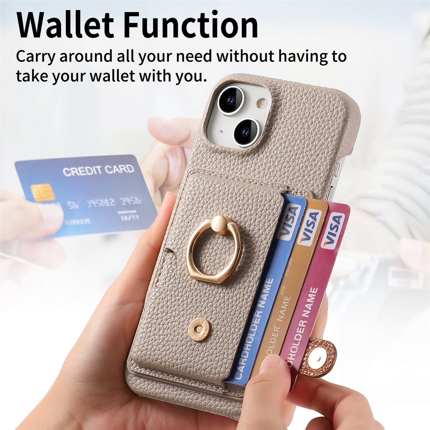 ELECTROPRIME For iPhone 15 Litchi Leather Oil Edge Ring Card Back Phone Case(Khaki)
