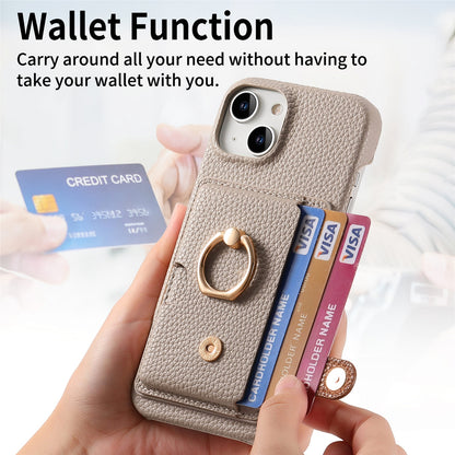 ELECTROPRIME For iPhone 15 Litchi Leather Oil Edge Ring Card Back Phone Case(Khaki)