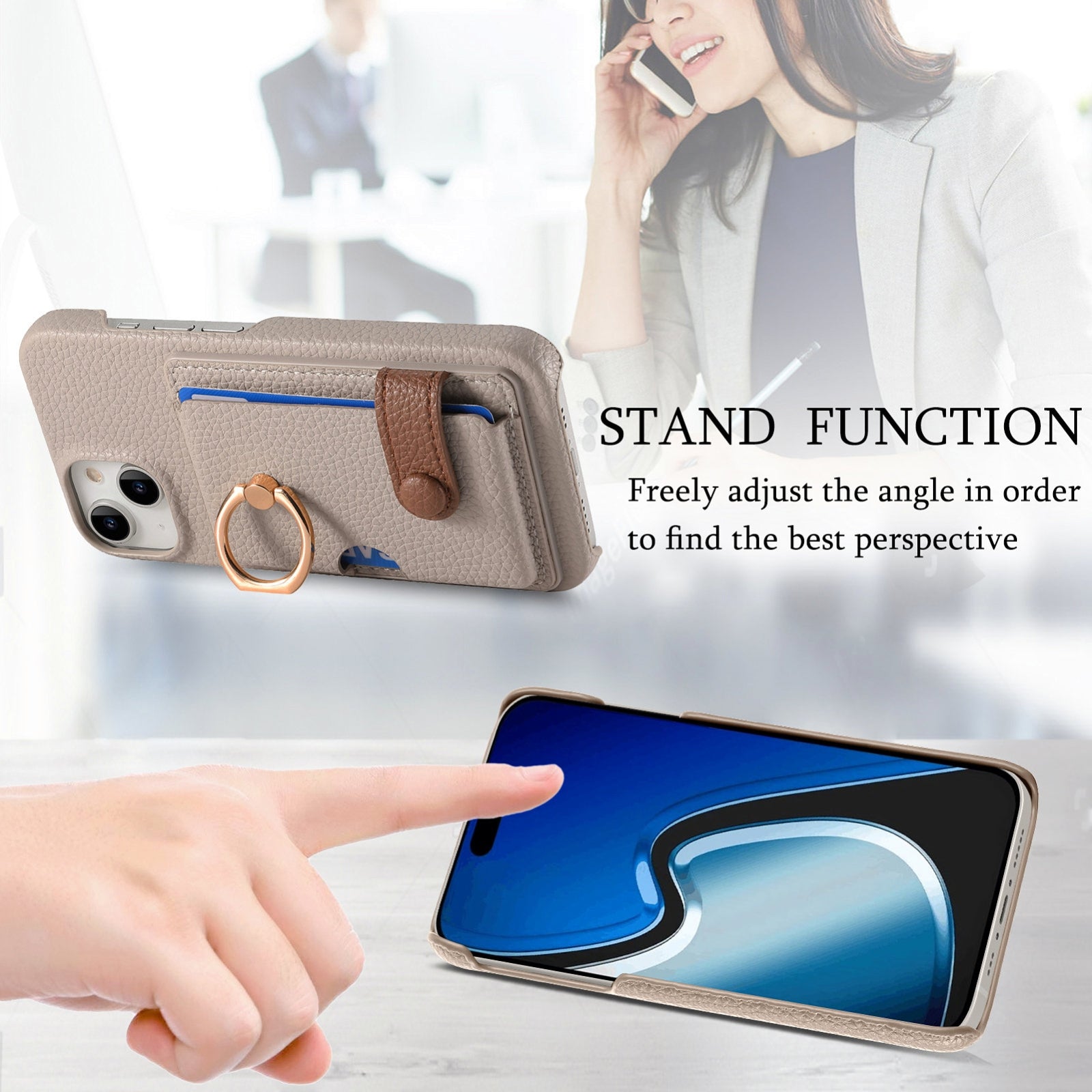 ELECTROPRIME For iPhone 15 Litchi Leather Oil Edge Ring Card Back Phone Case(Khaki)