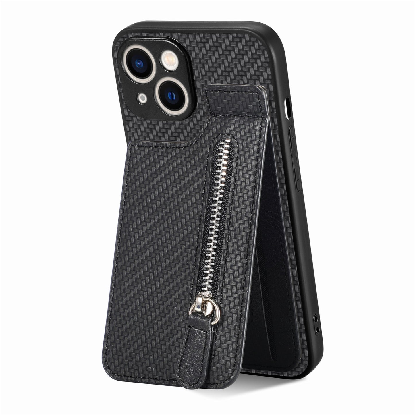 ELECTROPRIME For iPhone 15 Carbon Fiber Vertical Flip Zipper Phone Case(Black)