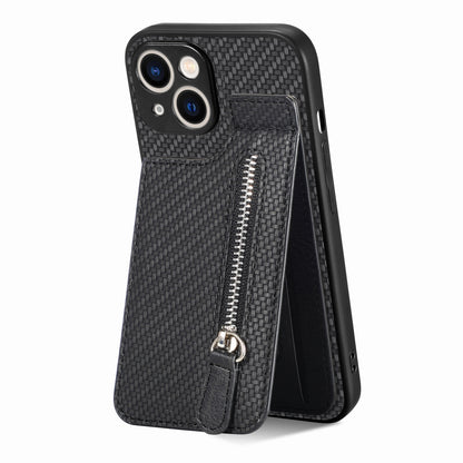 ELECTROPRIME For iPhone 15 Carbon Fiber Vertical Flip Zipper Phone Case(Black)