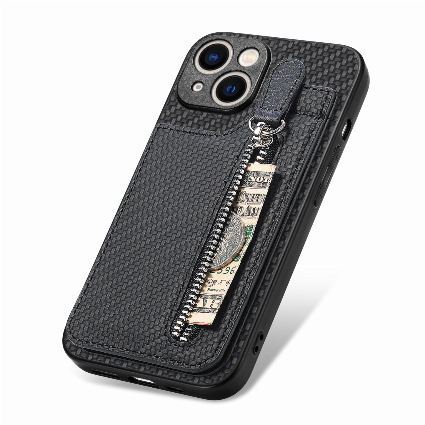 ELECTROPRIME For iPhone 15 Carbon Fiber Vertical Flip Zipper Phone Case(Black)