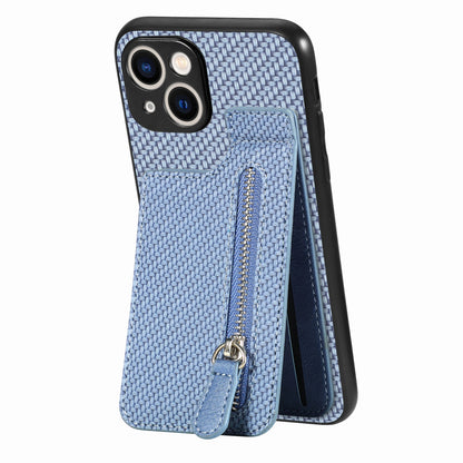 ELECTROPRIME For iPhone 15 Carbon Fiber Vertical Flip Zipper Phone Case(Blue)