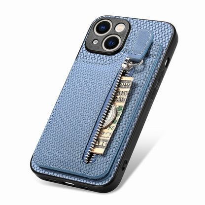 ELECTROPRIME For iPhone 15 Carbon Fiber Vertical Flip Zipper Phone Case(Blue)