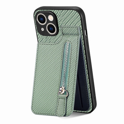 ELECTROPRIME For iPhone 15 Carbon Fiber Vertical Flip Zipper Phone Case(Green)