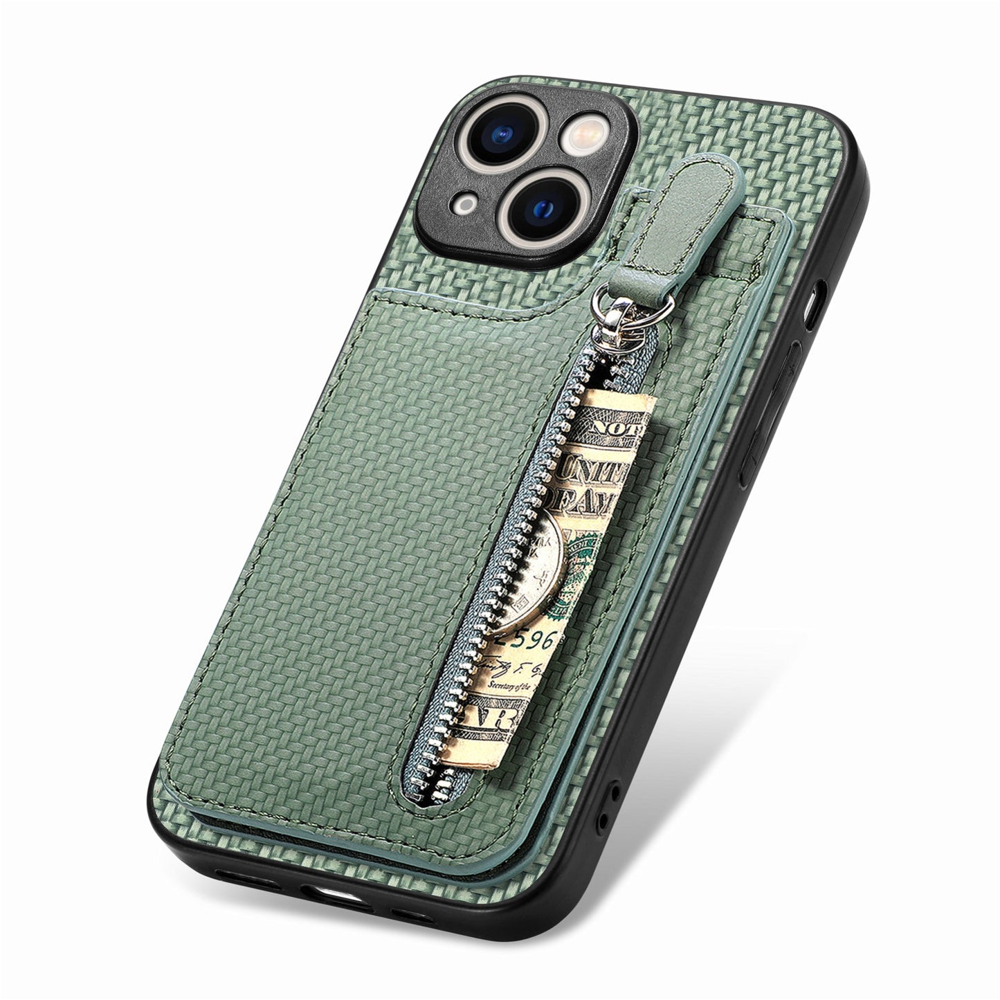 ELECTROPRIME For iPhone 15 Carbon Fiber Vertical Flip Zipper Phone Case(Green)