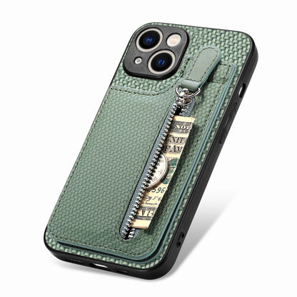 ELECTROPRIME For iPhone 15 Carbon Fiber Vertical Flip Zipper Phone Case(Green)