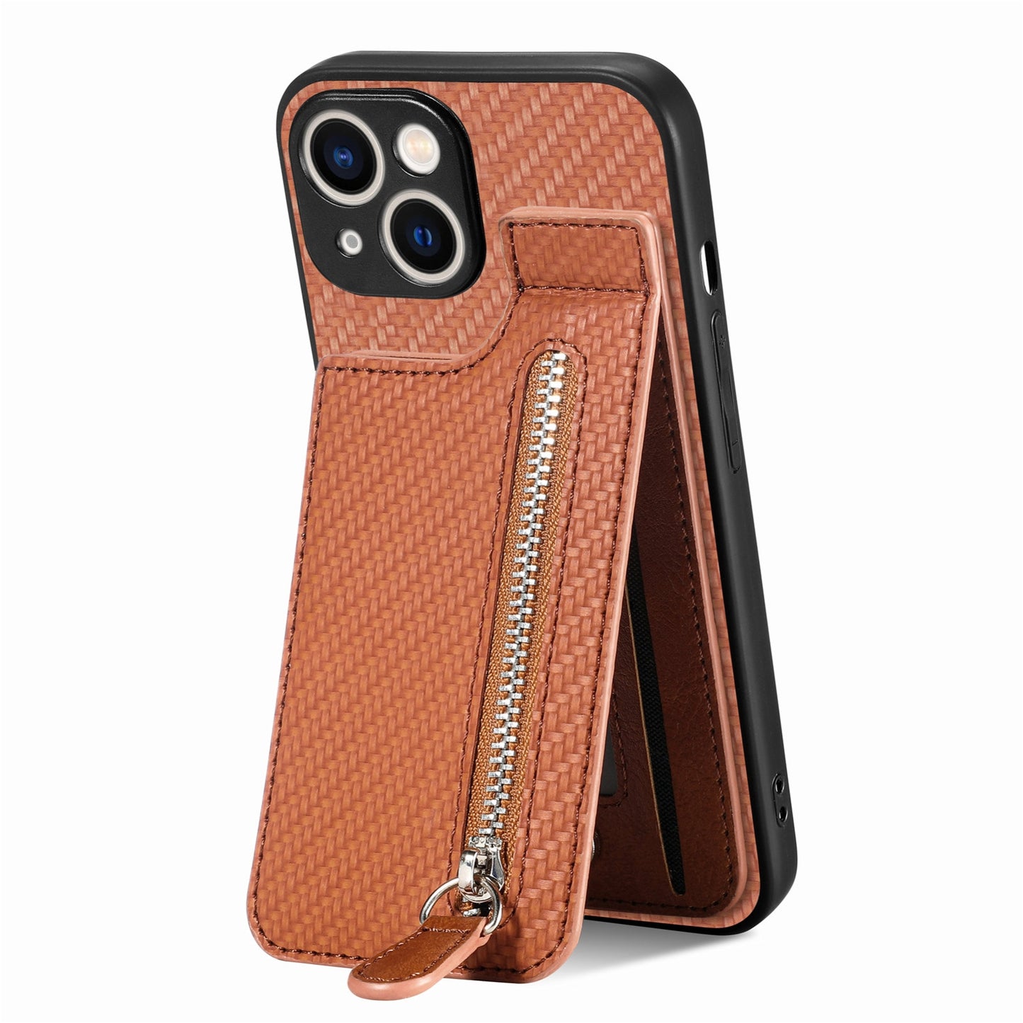 ELECTROPRIME For iPhone 15 Carbon Fiber Vertical Flip Zipper Phone Case(Brown)