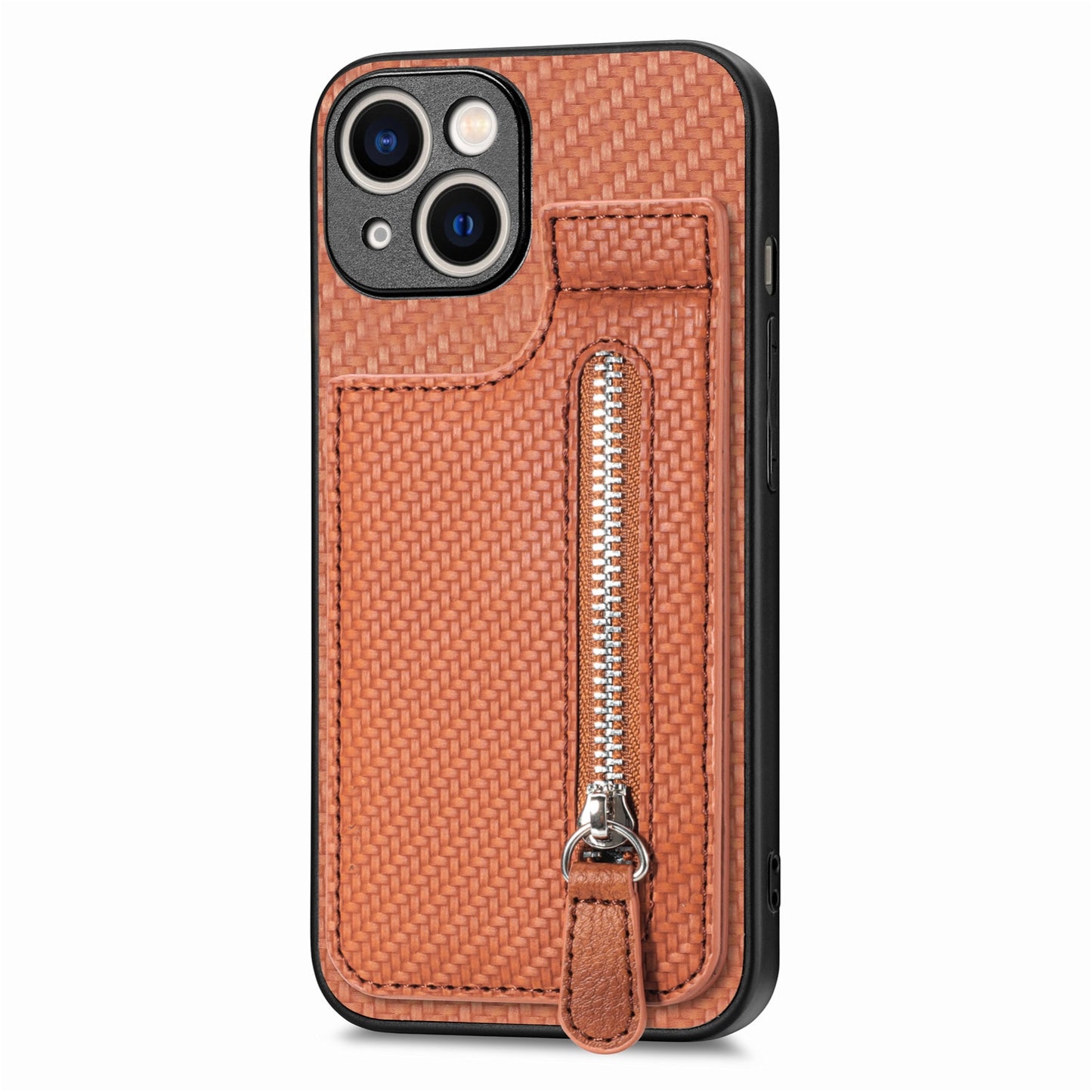 ELECTROPRIME For iPhone 15 Carbon Fiber Vertical Flip Zipper Phone Case(Brown)