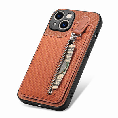 ELECTROPRIME For iPhone 15 Carbon Fiber Vertical Flip Zipper Phone Case(Brown)