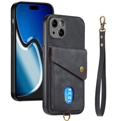 ELECTROPRIME For iPhone 15 Retro Card Wallet Fold Leather Phone Case with Strap(Black)