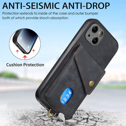 ELECTROPRIME For iPhone 15 Retro Card Wallet Fold Leather Phone Case with Strap(Black)
