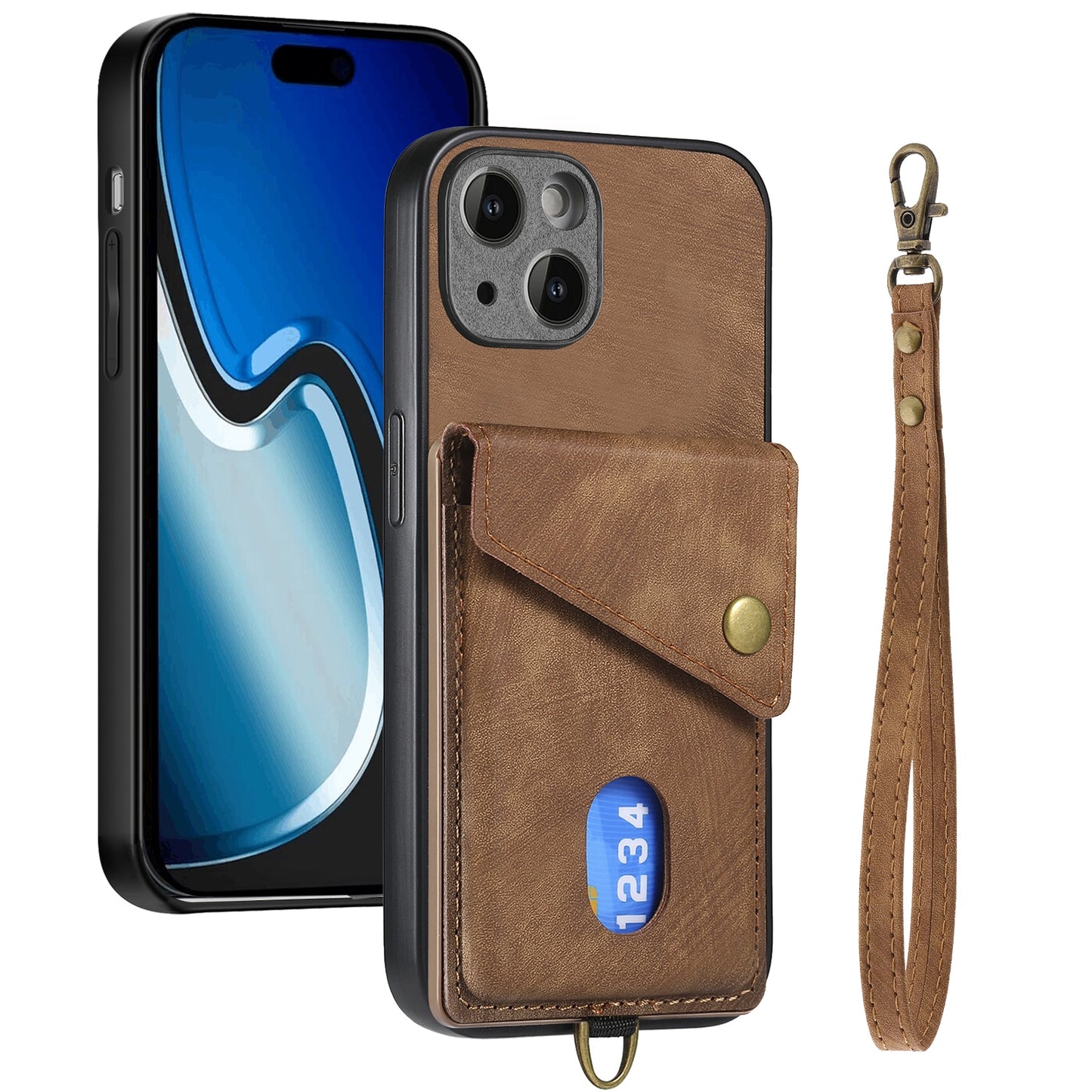 ELECTROPRIME For iPhone 15 Retro Card Wallet Fold Leather Phone Case with Strap(Brown)