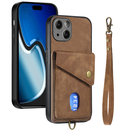 ELECTROPRIME For iPhone 15 Retro Card Wallet Fold Leather Phone Case with Strap(Brown)