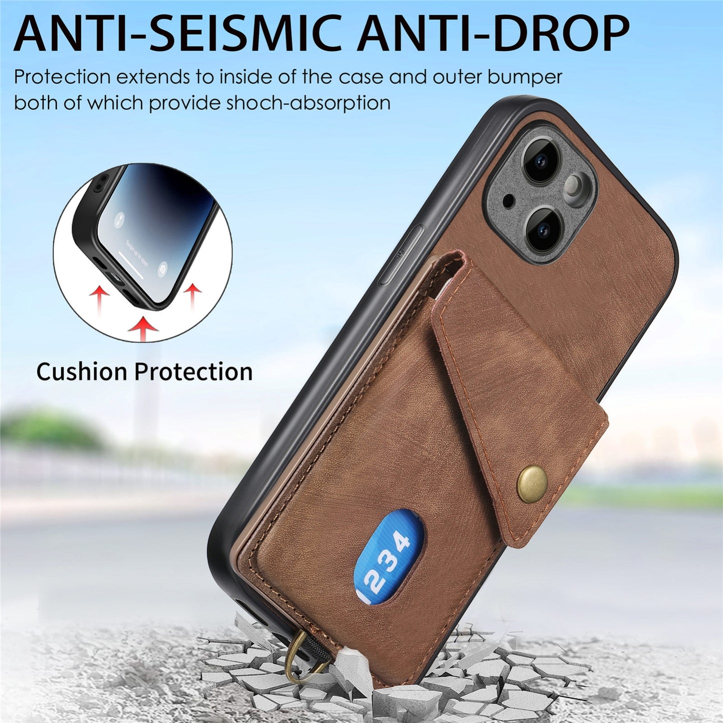 ELECTROPRIME For iPhone 15 Retro Card Wallet Fold Leather Phone Case with Strap(Brown)