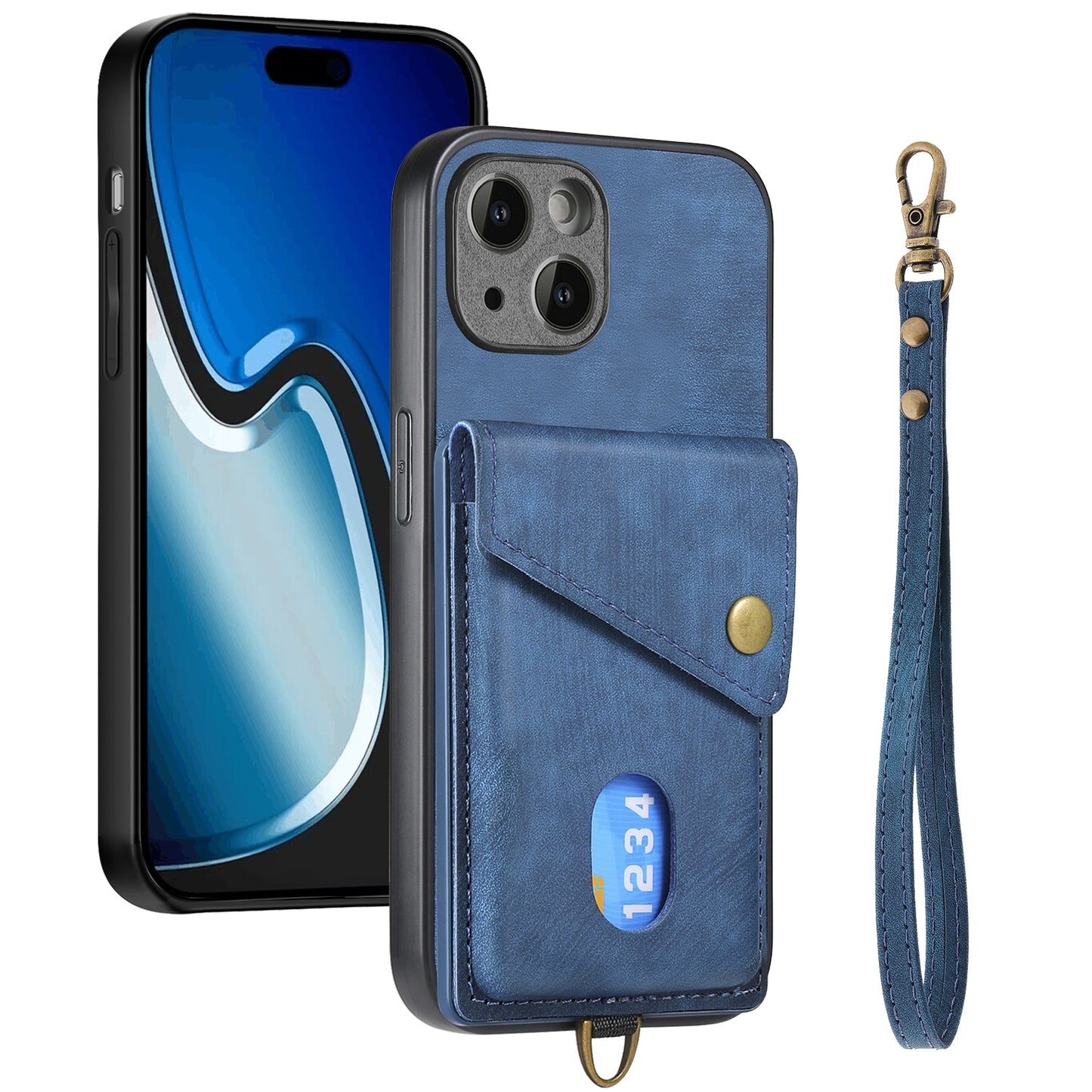 ELECTROPRIME For iPhone 15 Retro Card Wallet Fold Leather Phone Case with Strap(Blue)