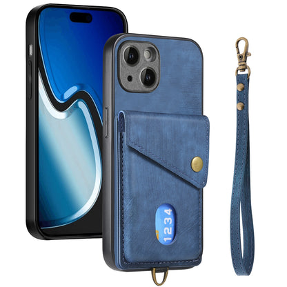 ELECTROPRIME For iPhone 15 Retro Card Wallet Fold Leather Phone Case with Strap(Blue)
