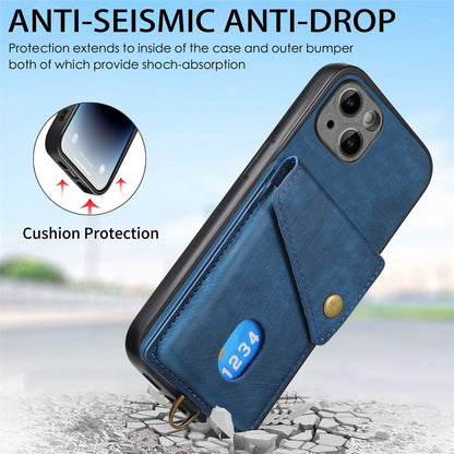 ELECTROPRIME For iPhone 15 Retro Card Wallet Fold Leather Phone Case with Strap(Blue)