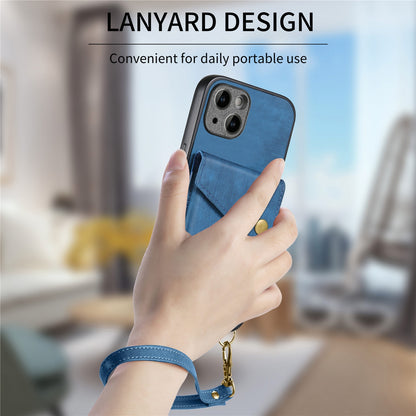 ELECTROPRIME For iPhone 15 Retro Card Wallet Fold Leather Phone Case with Strap(Blue)