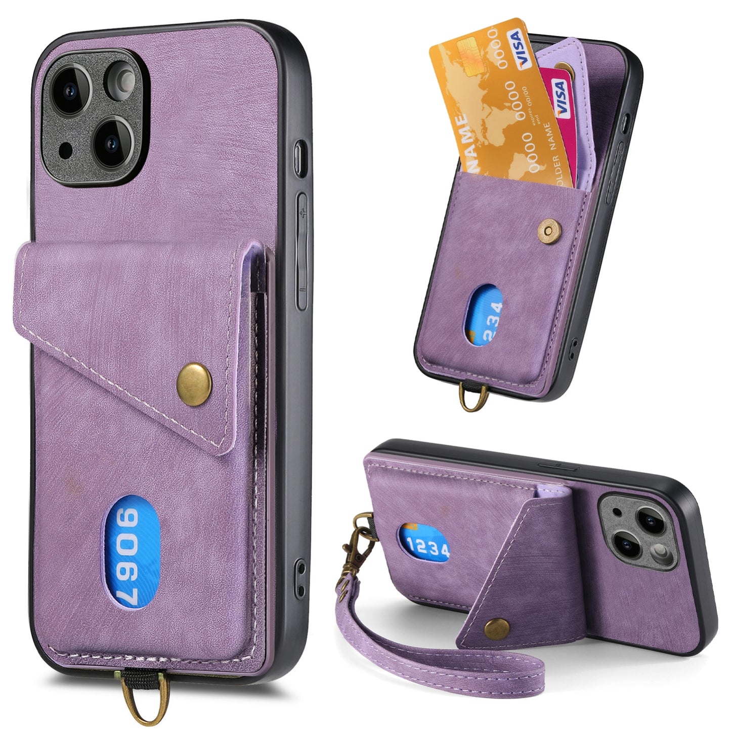 ELECTROPRIME For iPhone 15 Retro Card Wallet Fold Leather Phone Case with Strap(Purple)