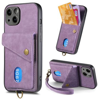 ELECTROPRIME For iPhone 15 Retro Card Wallet Fold Leather Phone Case with Strap(Purple)