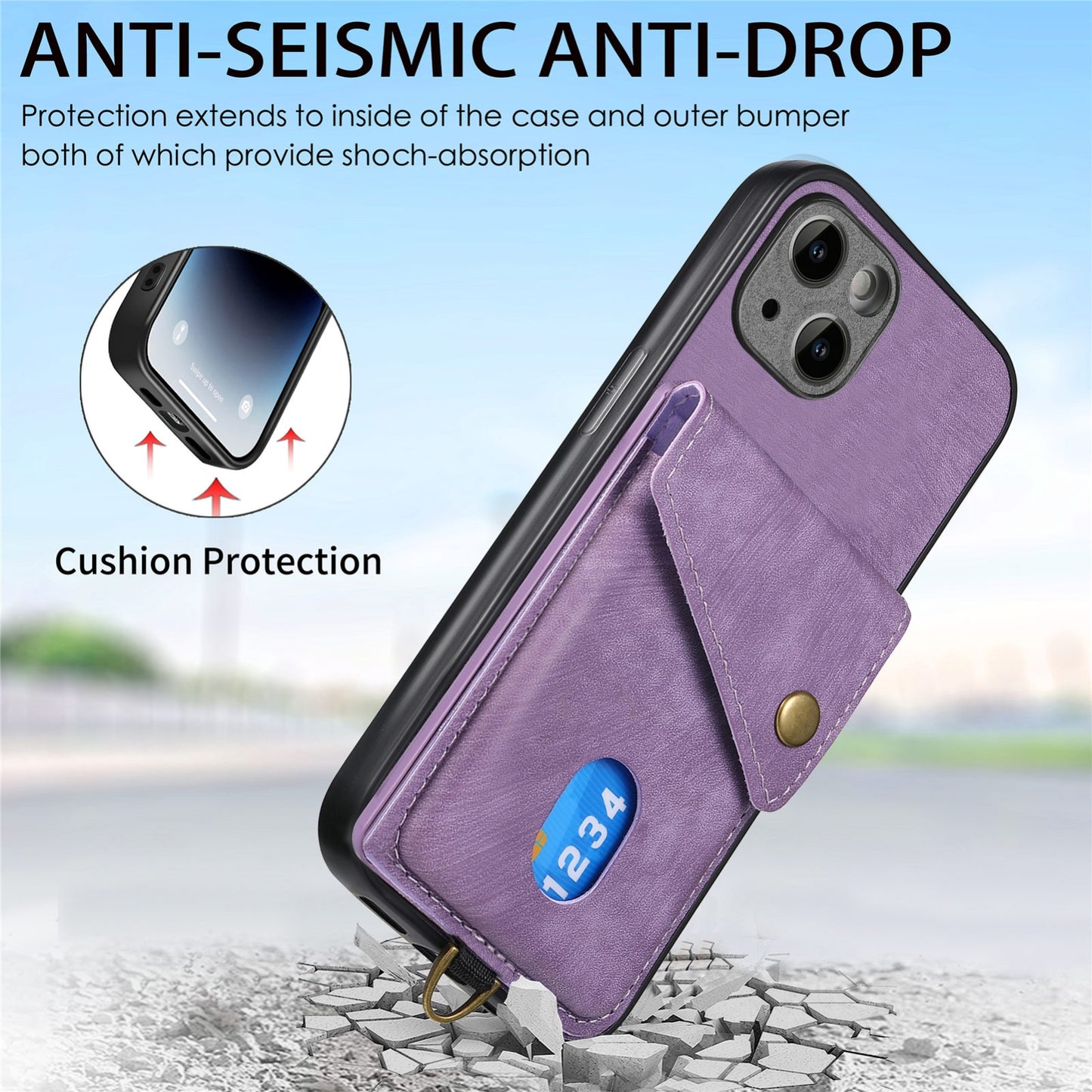 ELECTROPRIME For iPhone 15 Retro Card Wallet Fold Leather Phone Case with Strap(Purple)