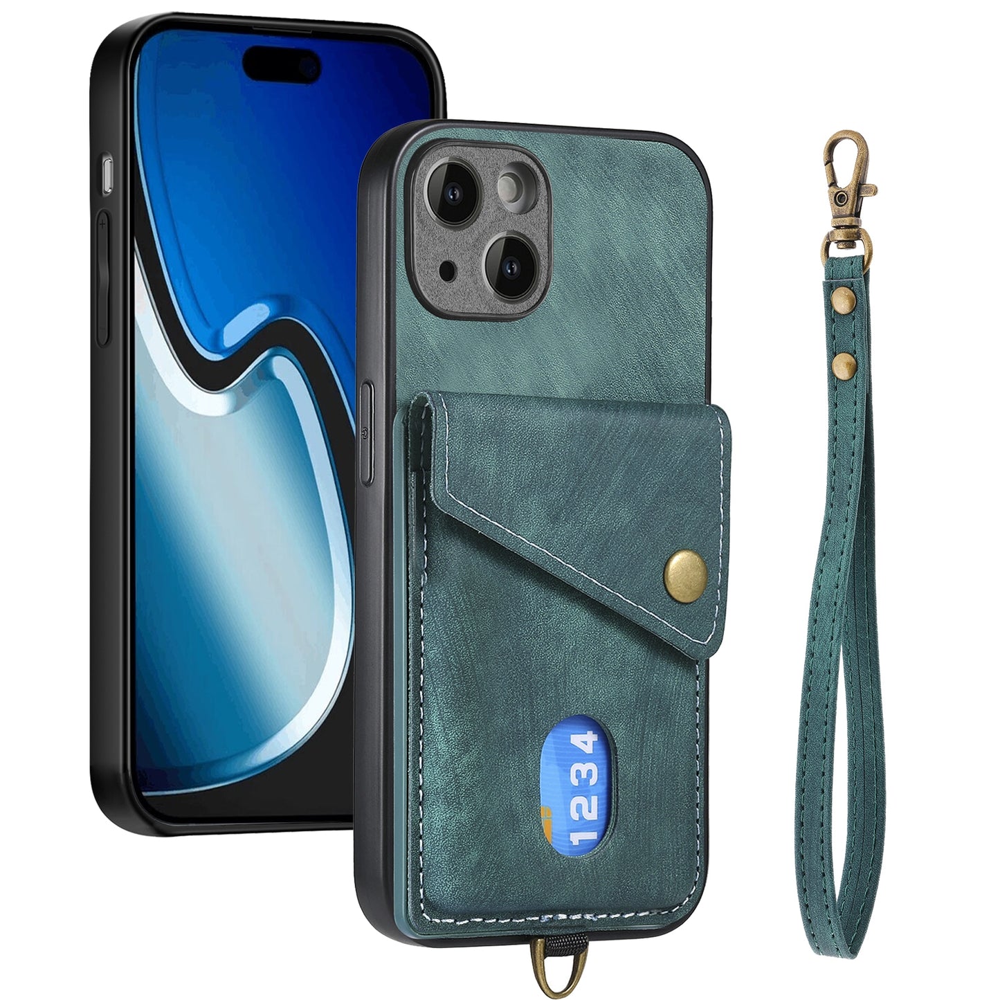ELECTROPRIME For iPhone 15 Retro Card Wallet Fold Leather Phone Case with Strap(Green)