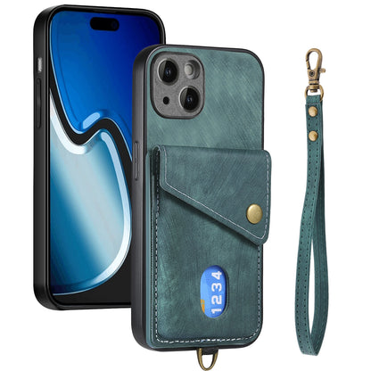 ELECTROPRIME For iPhone 15 Retro Card Wallet Fold Leather Phone Case with Strap(Green)
