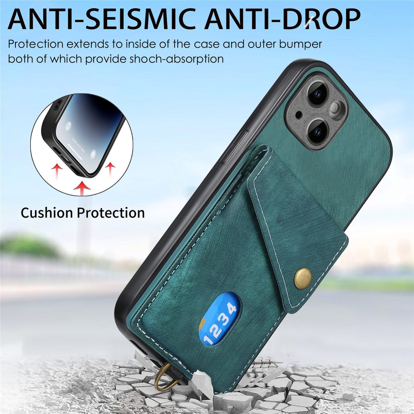ELECTROPRIME For iPhone 15 Retro Card Wallet Fold Leather Phone Case with Strap(Green)