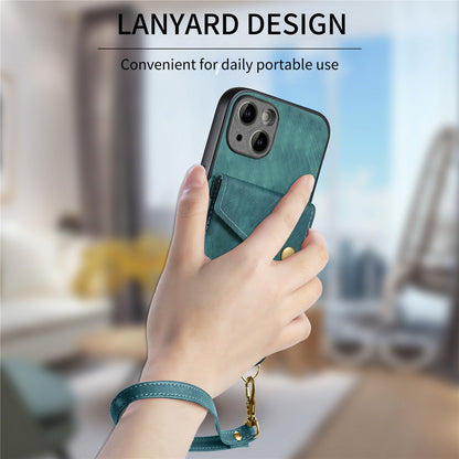 ELECTROPRIME For iPhone 15 Retro Card Wallet Fold Leather Phone Case with Strap(Green)