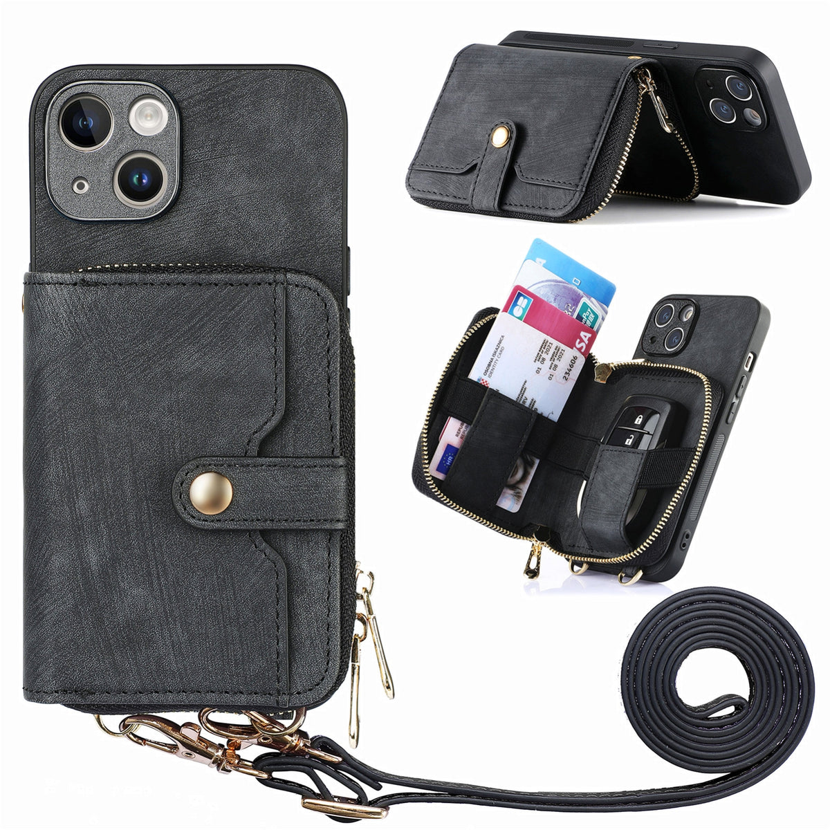 ELECTROPRIME For iPhone 15 Plus Crossbody Multi-function Zipper Wallet Phone Case(Black)