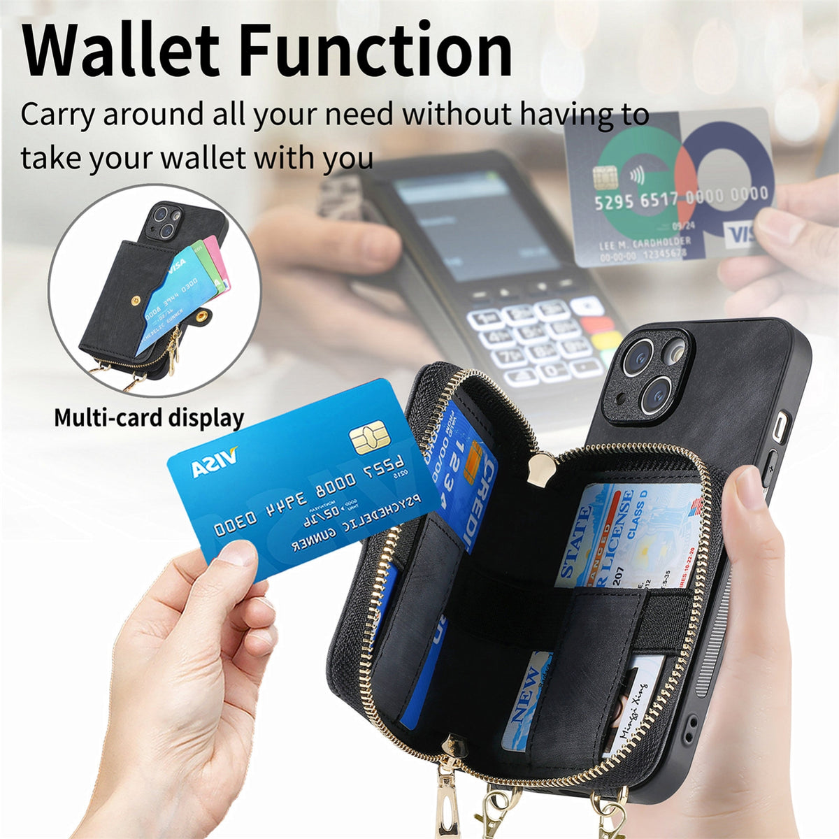 ELECTROPRIME For iPhone 15 Plus Crossbody Multi-function Zipper Wallet Phone Case(Black)