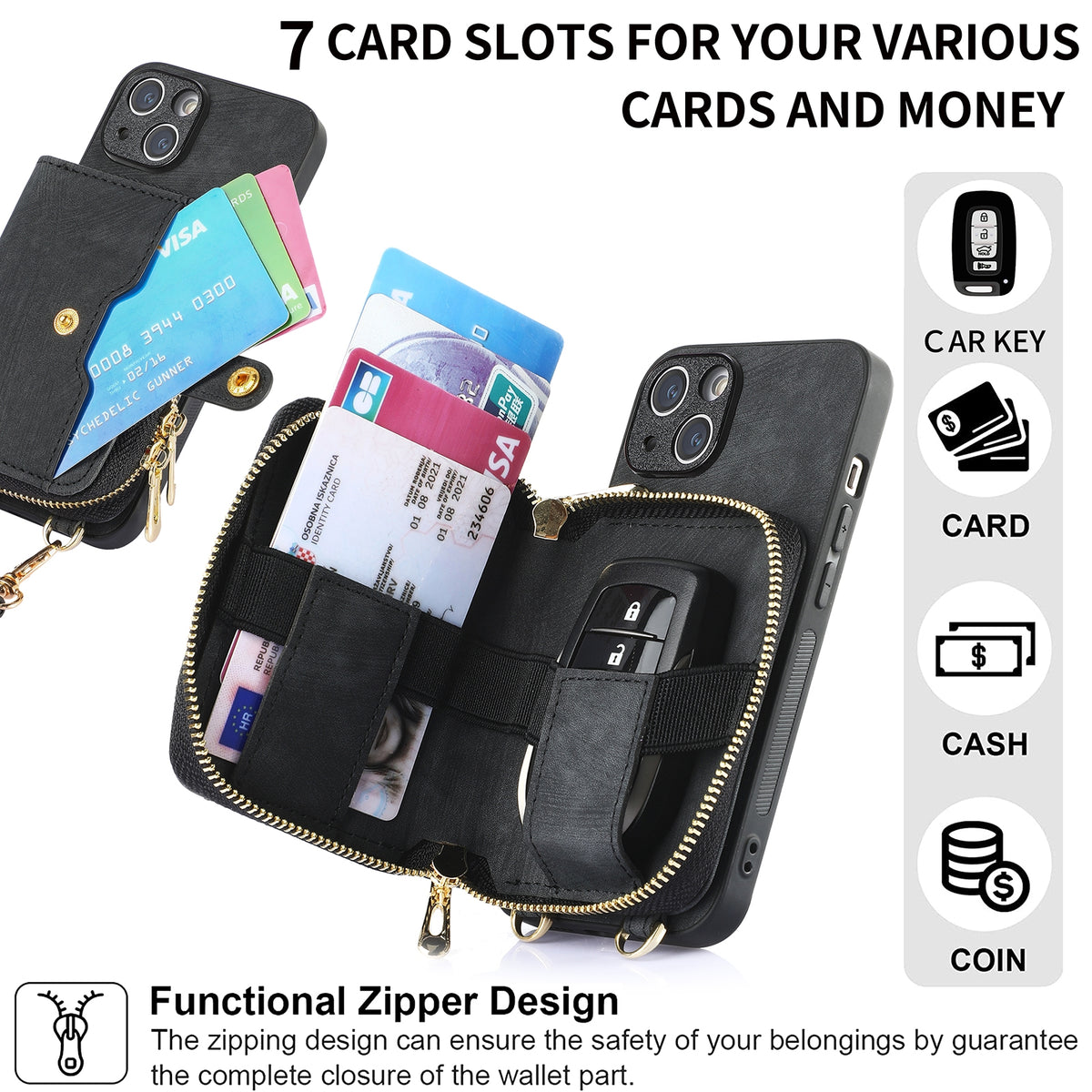 ELECTROPRIME For iPhone 15 Plus Crossbody Multi-function Zipper Wallet Phone Case(Black)
