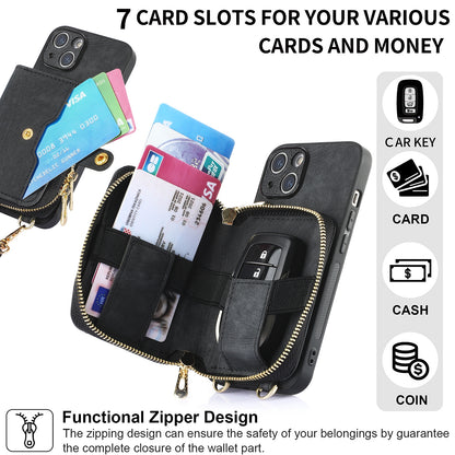 ELECTROPRIME For iPhone 15 Plus Crossbody Multi-function Zipper Wallet Phone Case(Black)
