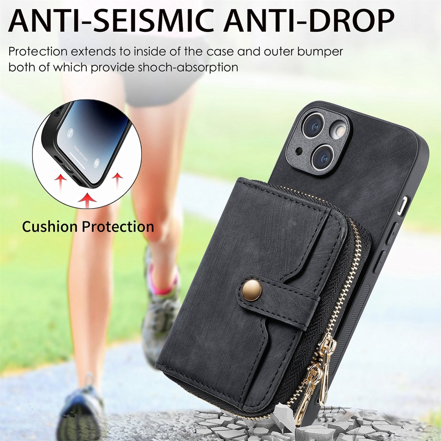 ELECTROPRIME For iPhone 15 Crossbody Multi-function Zipper Wallet Phone Case(Black)