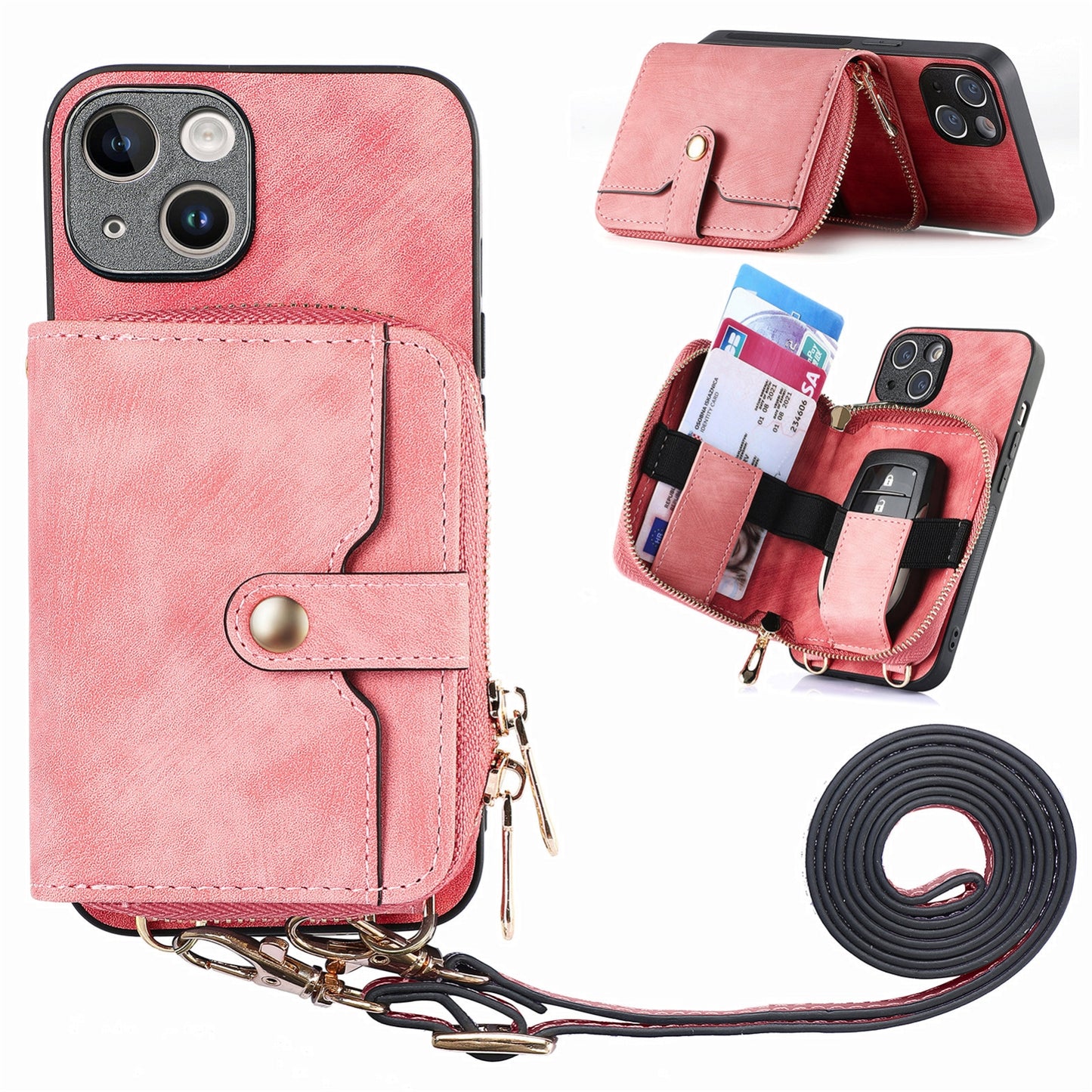 ELECTROPRIME For iPhone 15 Crossbody Multi-function Zipper Wallet Phone Case(Pink)