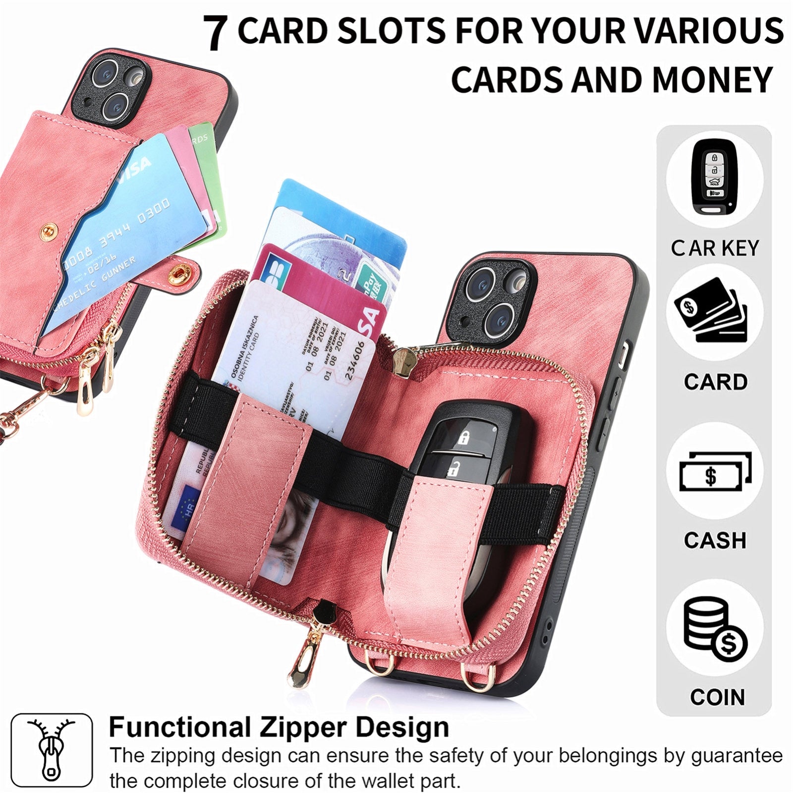 ELECTROPRIME For iPhone 15 Crossbody Multi-function Zipper Wallet Phone Case(Pink)