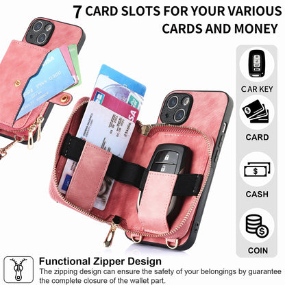 ELECTROPRIME For iPhone 15 Crossbody Multi-function Zipper Wallet Phone Case(Pink)