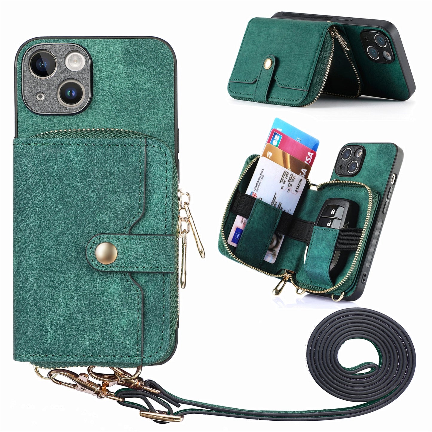 ELECTROPRIME For iPhone 15 Crossbody Multi-function Zipper Wallet Phone Case(Green)