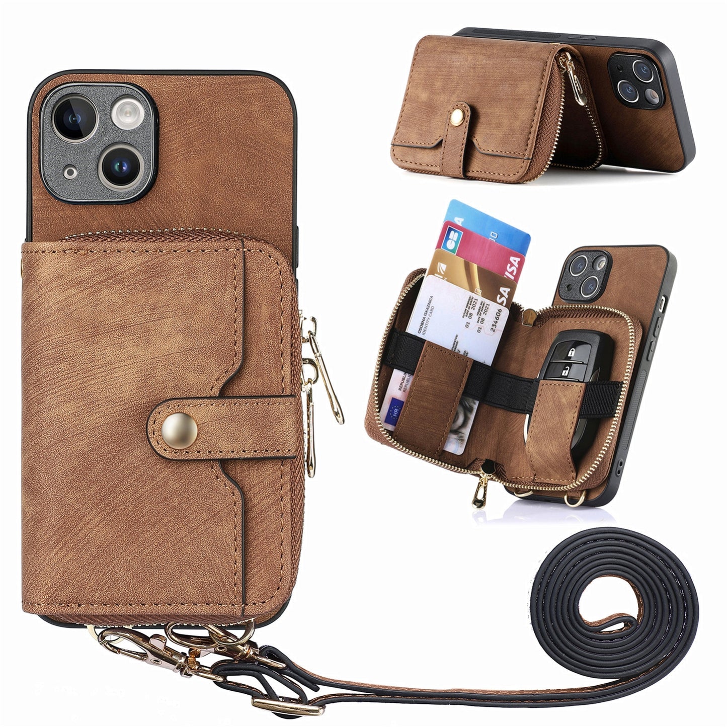 ELECTROPRIME For iPhone 15 Crossbody Multi-function Zipper Wallet Phone Case(Brown)