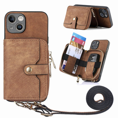 ELECTROPRIME For iPhone 15 Crossbody Multi-function Zipper Wallet Phone Case(Brown)