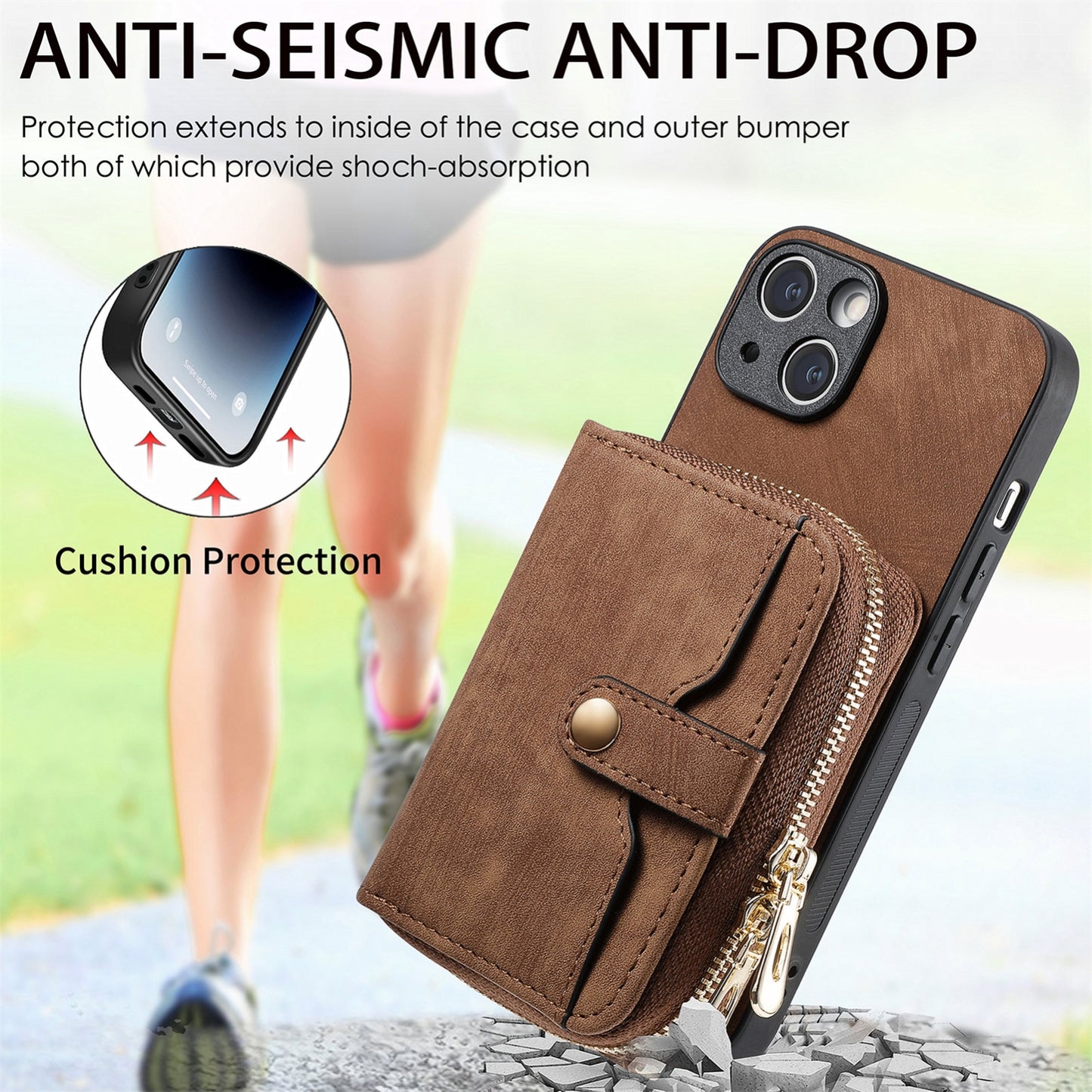ELECTROPRIME For iPhone 15 Crossbody Multi-function Zipper Wallet Phone Case(Brown)